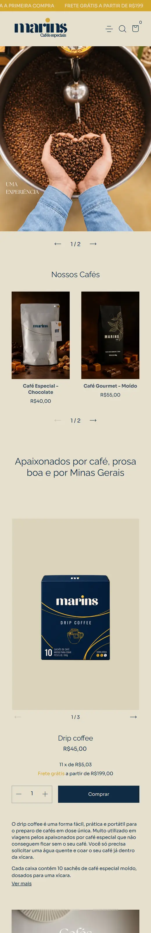 Loja Marins Cafés no celular, com os cafés e o botão de comprar