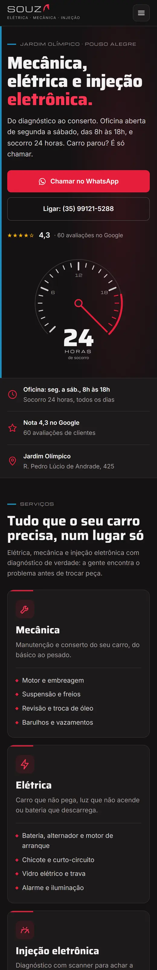 Site da Souza Elétrica e Mecânica no celular, com socorro 24 horas e botão de WhatsApp
